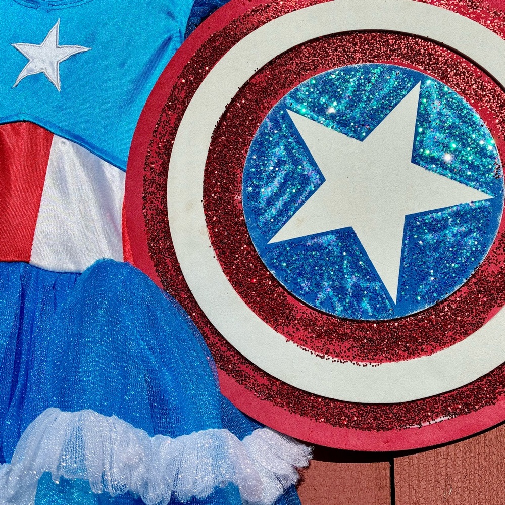 Marvel Girls Captain America Costume Glitter Shield Blue Tutu S 4-6 Tulle Skirt